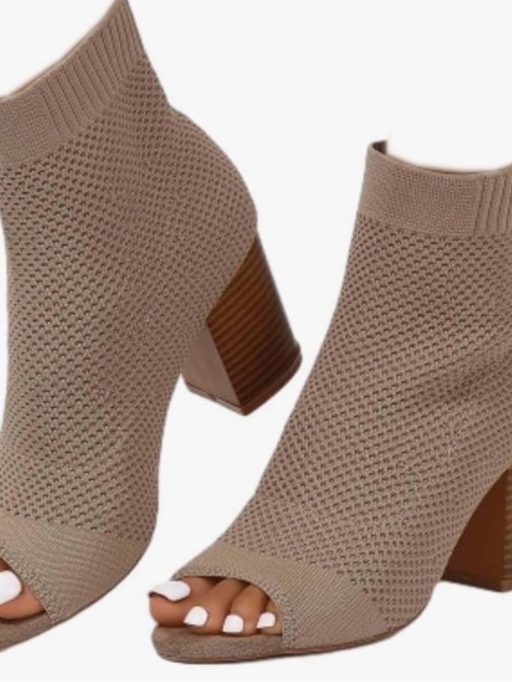 Knit Peep-Toe Block Heel Sock Booties - Taupe